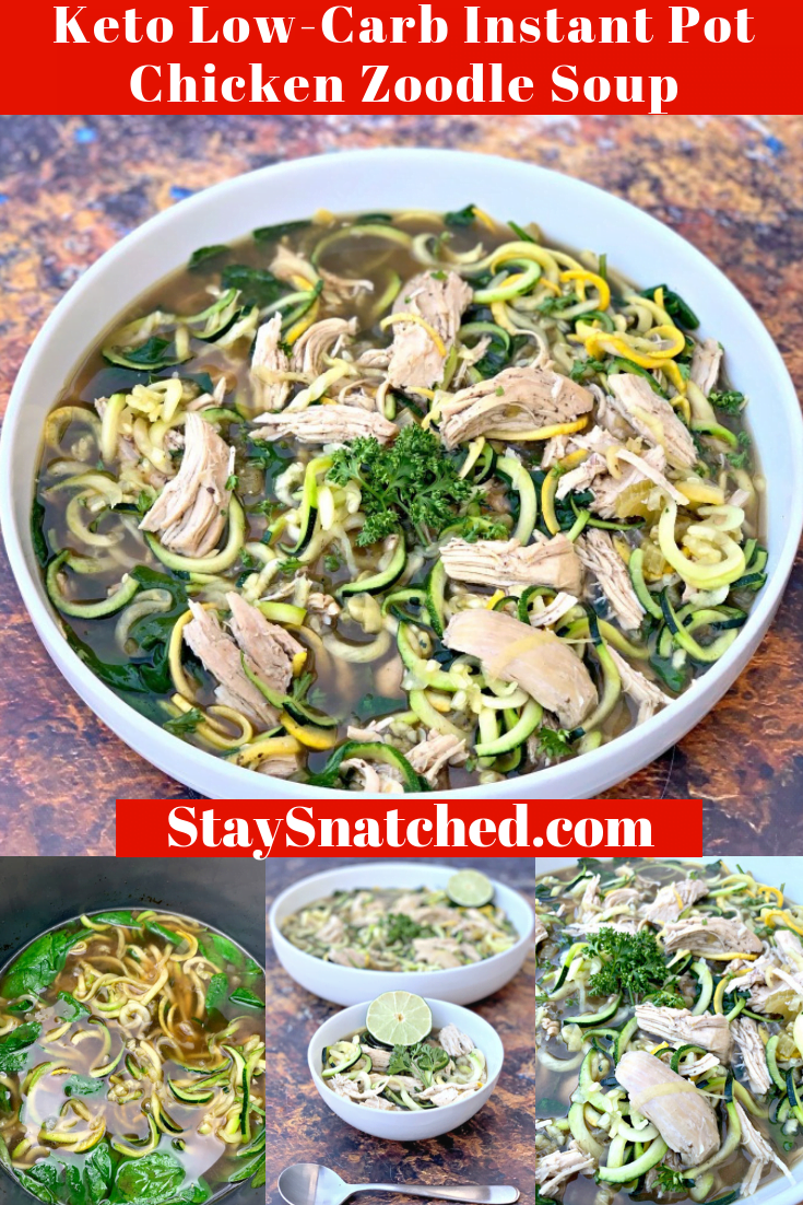Keto Low-Carb Instant Pot Chicken Noodle (Zoodle) Soup is the best, healthy, no noodles soup that is made with zucchini. This homemade recipe can also be prepared in a Crockpot slow cooker and is made with bone broth, fresh veggies, and without rice. There are 7 net carbs in this soup. This post also outlines what soups you can eat on keto. #InstantPotRecipes #KetoRecipes