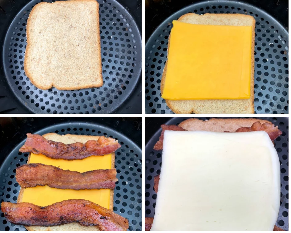 bread in an air fryer with cheese and bacon