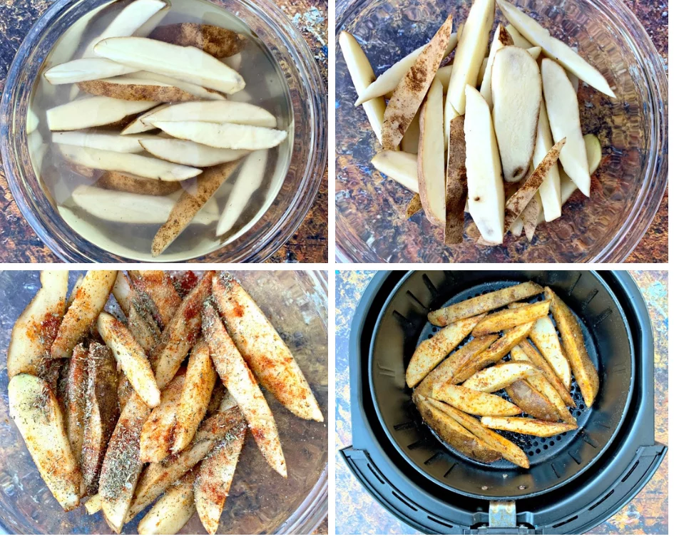 sliced potatoes in water and a clear bowl and in an air fryer