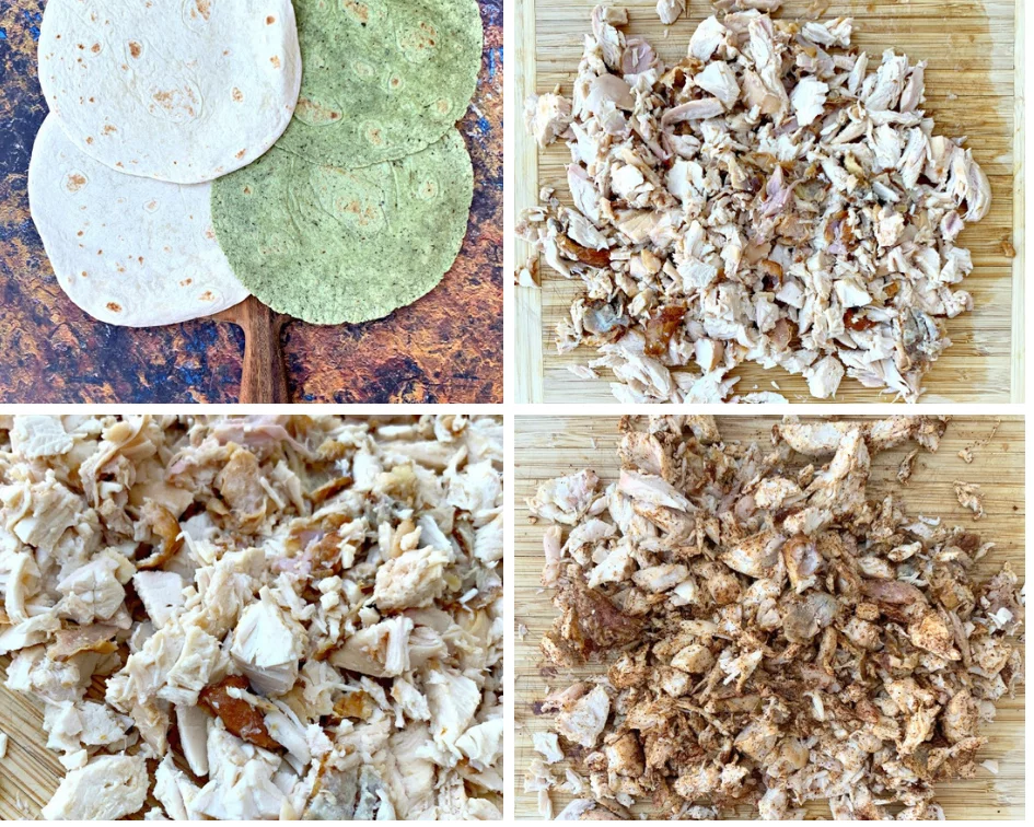flour tortilla shells on a board board and cooked, shredded chicken on a cutting board
