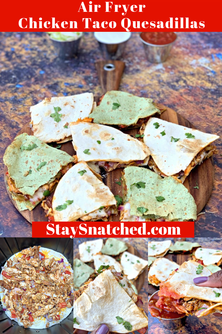 Easy Air Fryer Chicken and Cheese Taco Quesadillas is a quick, kid-friendly recipe. This post outlines how long to cook cheese quesadillas in the air fryer. This Mexican appetizer is loaded with rotisserie chicken, chili powder, cumin, and gooey cheese. #AirFryerRecipes #AirFryerTacos