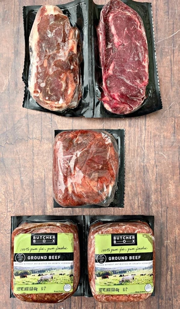butcher box ground beef and steaks in packaging