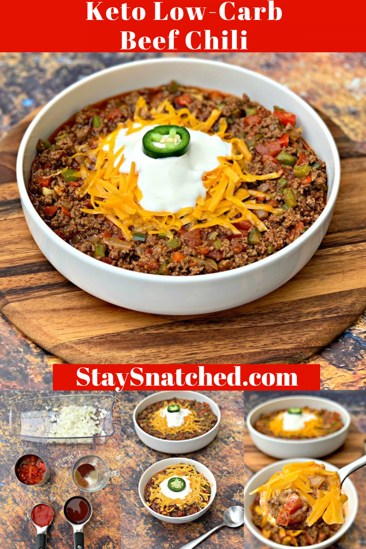 Easy, Keto Low-Carb Beef Chili is the best quick recipe that is loaded with spices, seasonings, beef broth, and Rotel. This hearty chili is made stovetop and is perfect for weeknight dinners or meal prep. This post will show you how to make keto chili loaded with flavor without beans. Top this with bacon, sour cream, shredded cheese, avocados, or more! #KetoRecipes #KetoChili