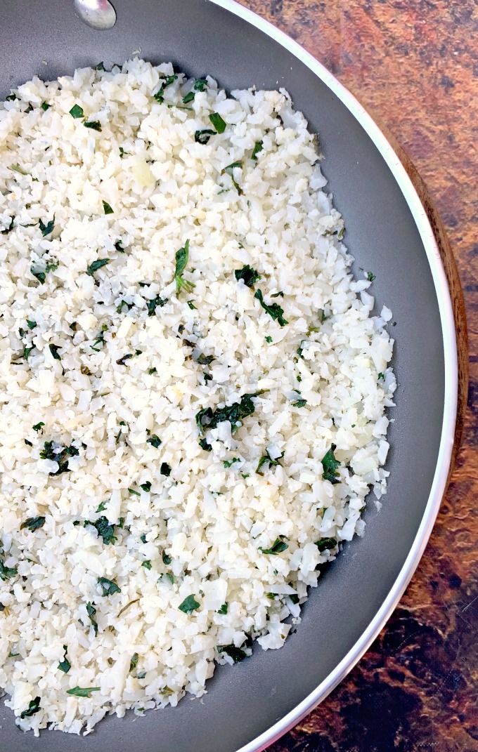 cilantro lime cauliflower rice in a skillet