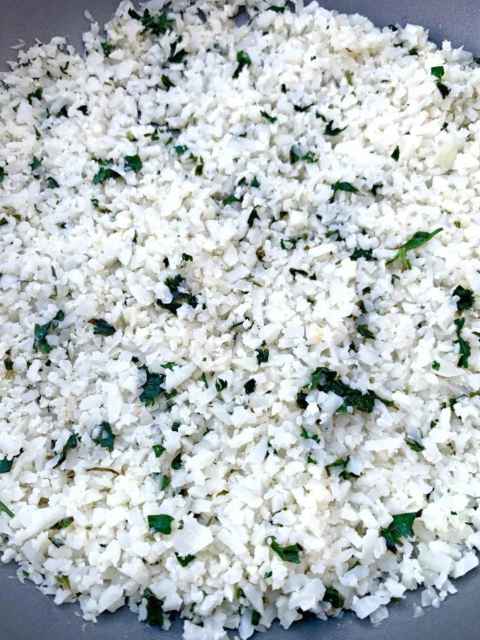 cilantro lime cauliflower rice in a skillet