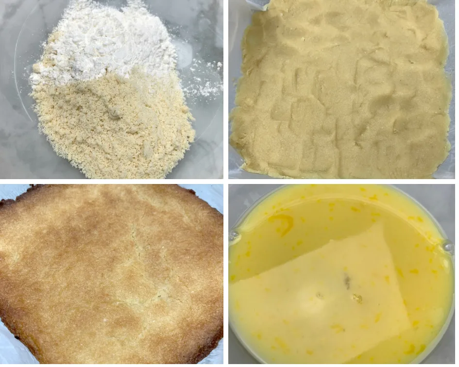 dough and batter for keto lemon bars, dough pressed in a pan and filling in a glass bowl