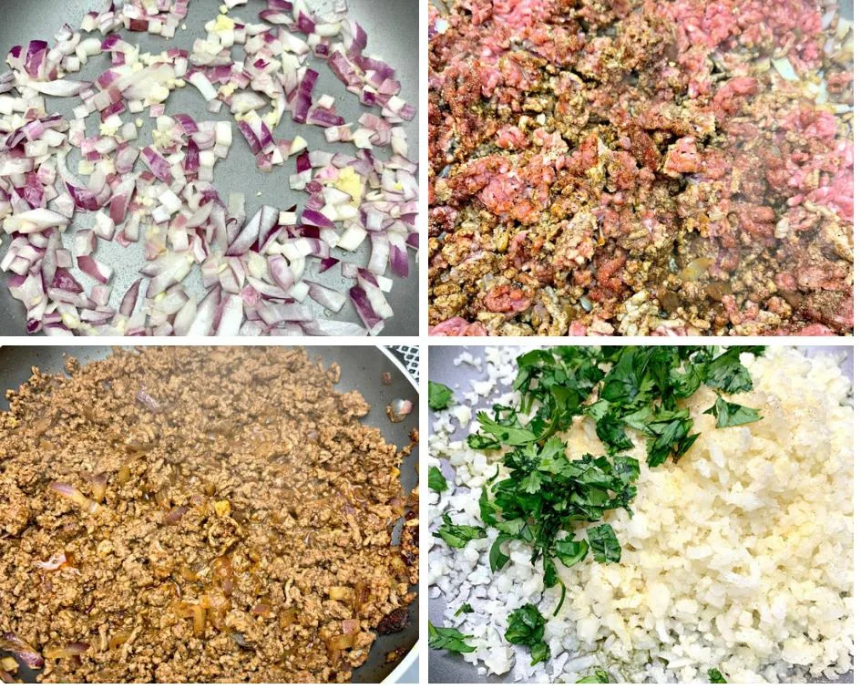 4 photos in one collage, chopped onions and garlic in a skillet, raw ground beef in a skillet, cooked ground beef in a skillet, and rice cauliflower with cilantro
