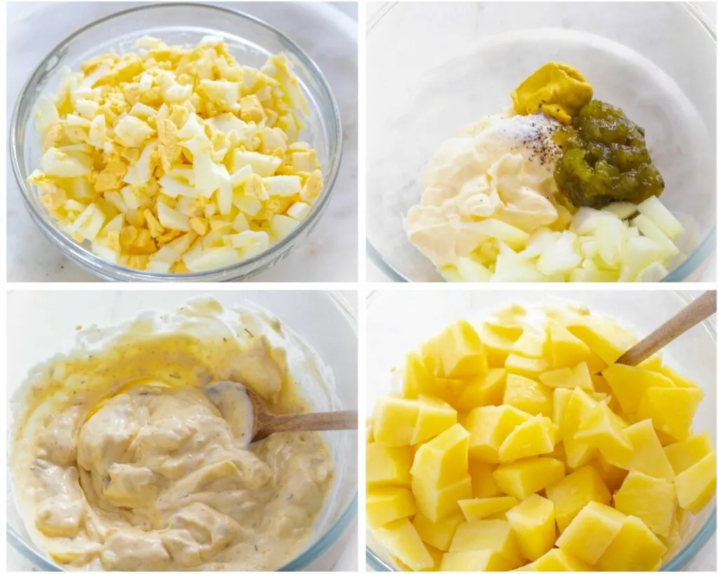 collage photo of 4 photos showing boiled sliced eggs, mayo, relish in glass bowls