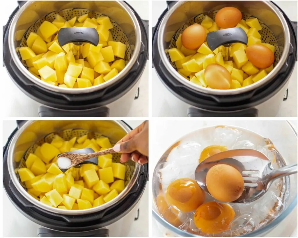 sliced potatoes in an Instant Pot with eggs in a steamer basket