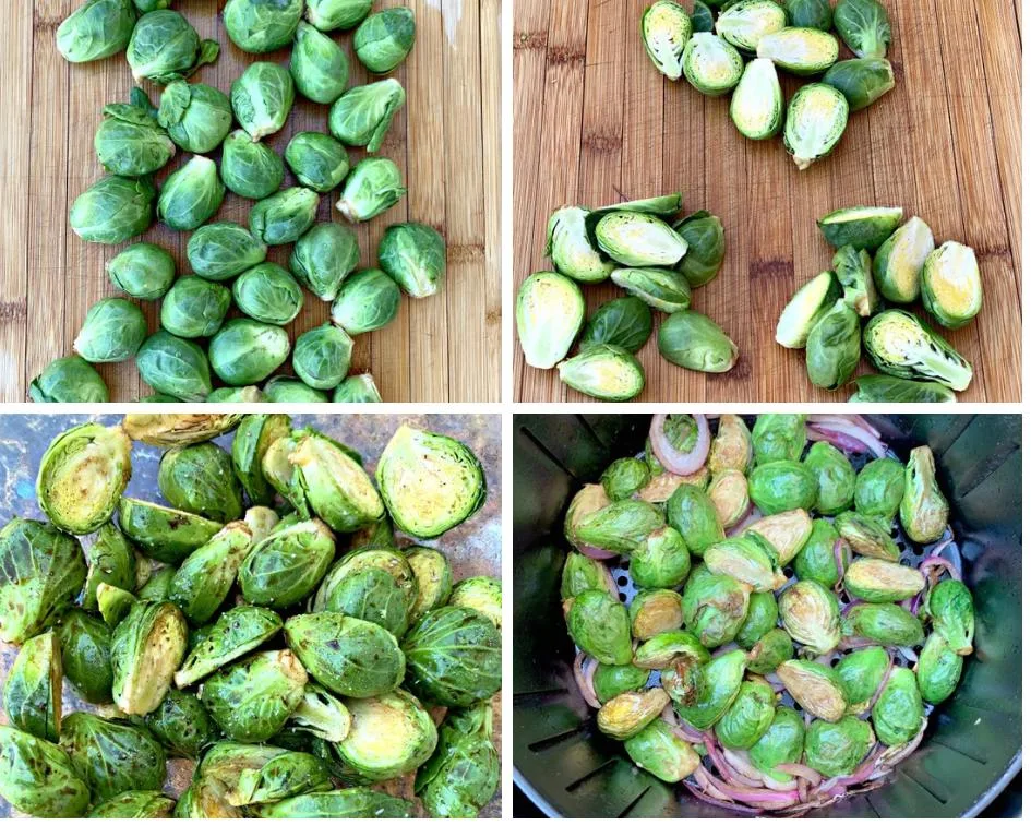a collage photo of raw brussels sprouts on a cutting board, sliced brussels sprouts on a cutting board, brussels sprouts in a glass bowl with balsamic vinegar, and brussels sprouts in an air fryer