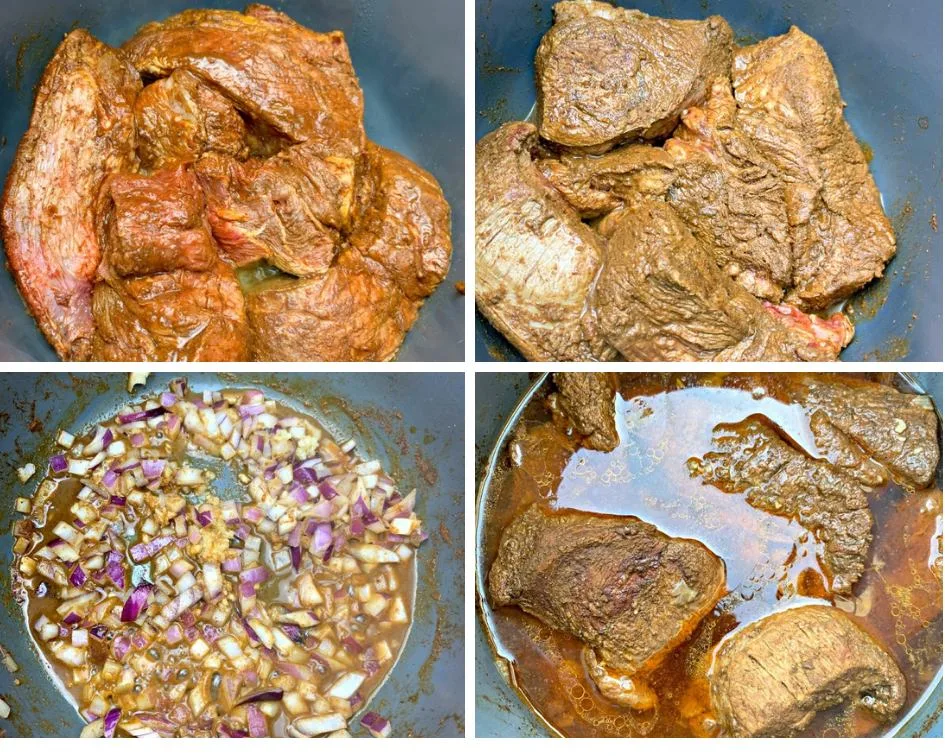 a collage photo of raw beef roast in an instant pot with onions and garlic