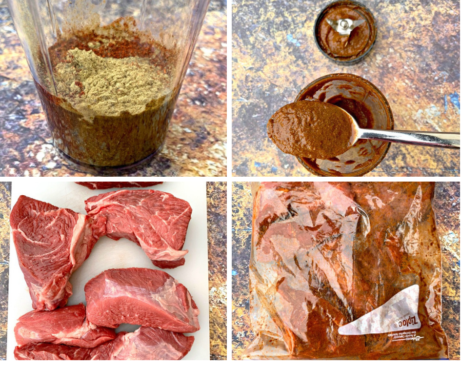 a collage photo of raw beef roast and barbacoa seasoning in a blender