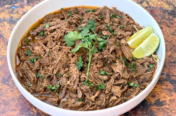 instant pot keto low carb barbacoa beef in a white bowl