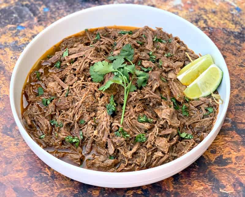 instant pot keto low carb barbacoa beef in a white bowl