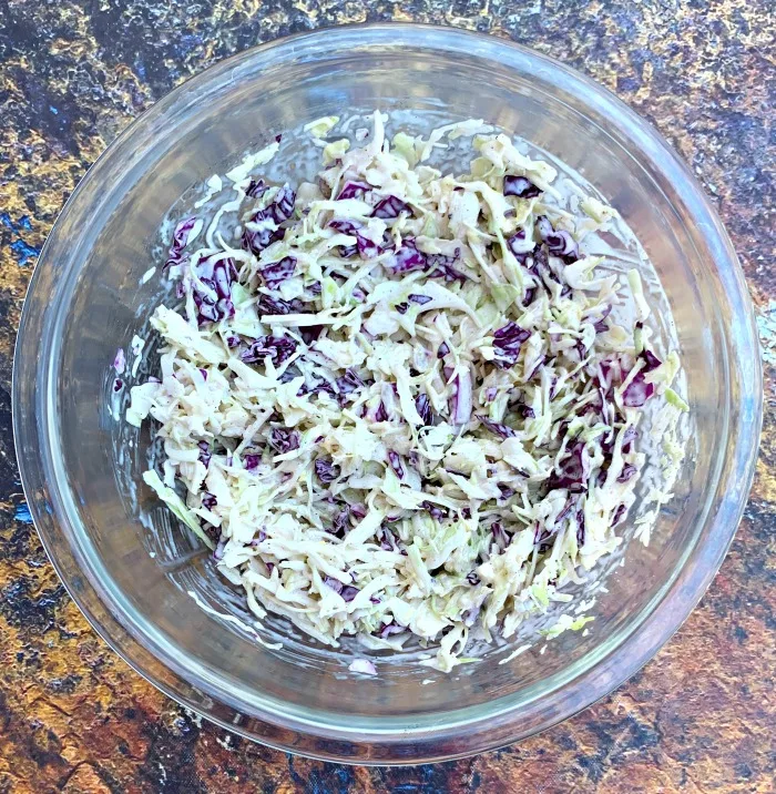 keto low carb coleslaw in a glass bowl