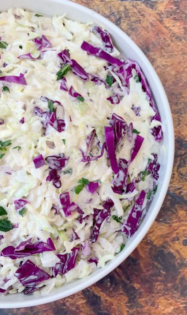 keto low carb coleslaw in a white bowl