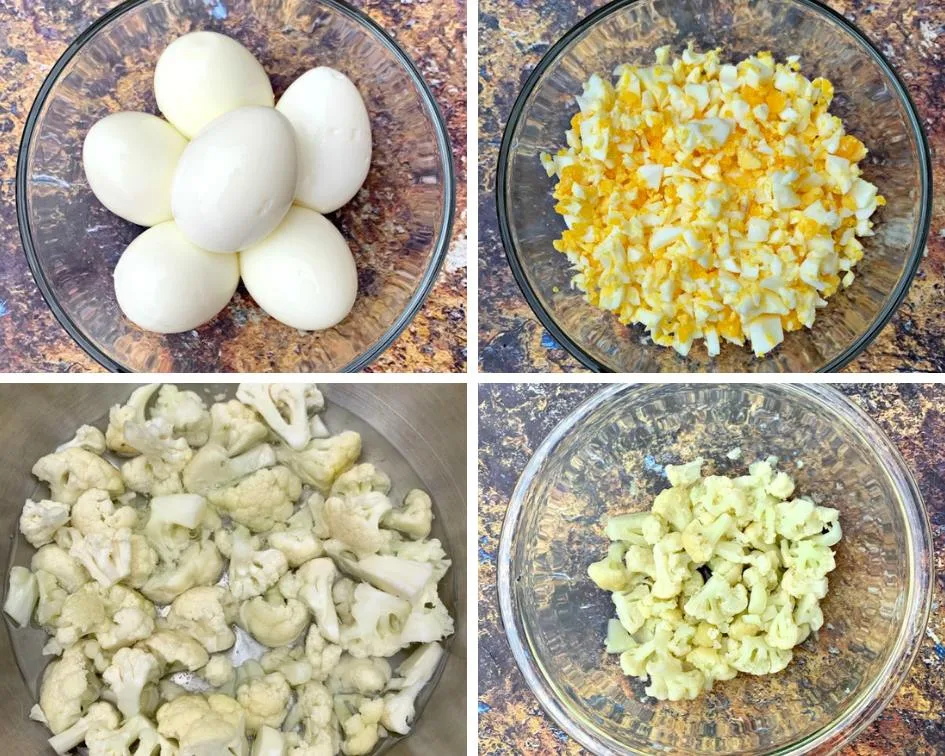 boiled eggs in a bowl, chopped eggs in a bowl, boiled cauliflower in a pot and a glass bowl