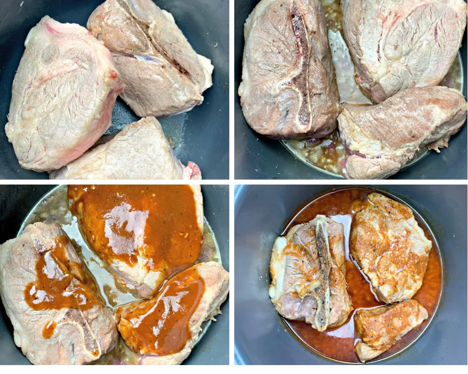 raw pork shoulder in an instant pot with chicken broth and bbq sauce