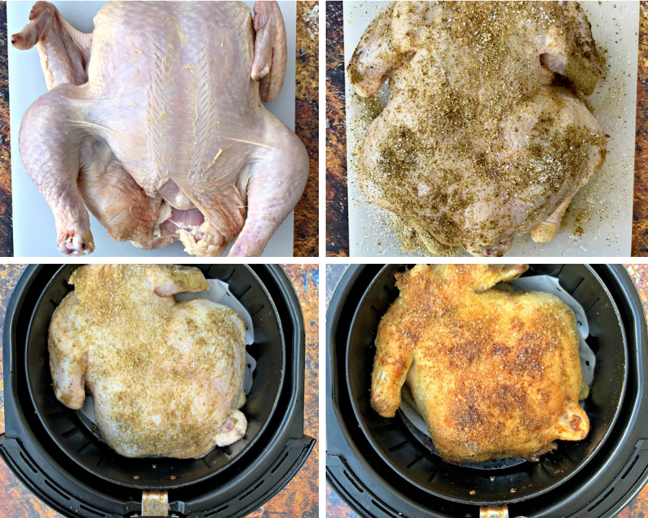 a collage photo of 4 photos of raw whole chicken on a cutting board seasoned and then in an air fryer basket