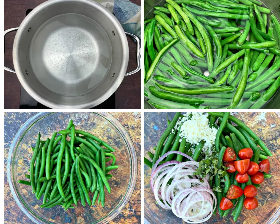 collage photo of 4 photos of water boiling in a pan, green beans boiling, and cooked green beans in a glass bowl