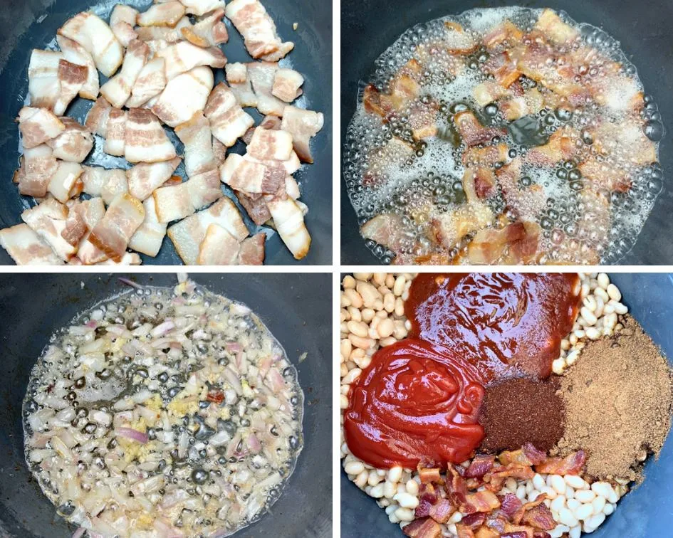 4 collage photos of raw bacon in an Instant Pot, cooked bacon in an Instant Pot, sauteed onions and garlic in an Instant Pot, bbq sauce, ketchup, brown sugar, and navy beans in an Instant Pot