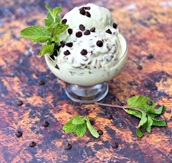 keto low carb mint chocolate ice cream in a glass bowl with chocolate chips