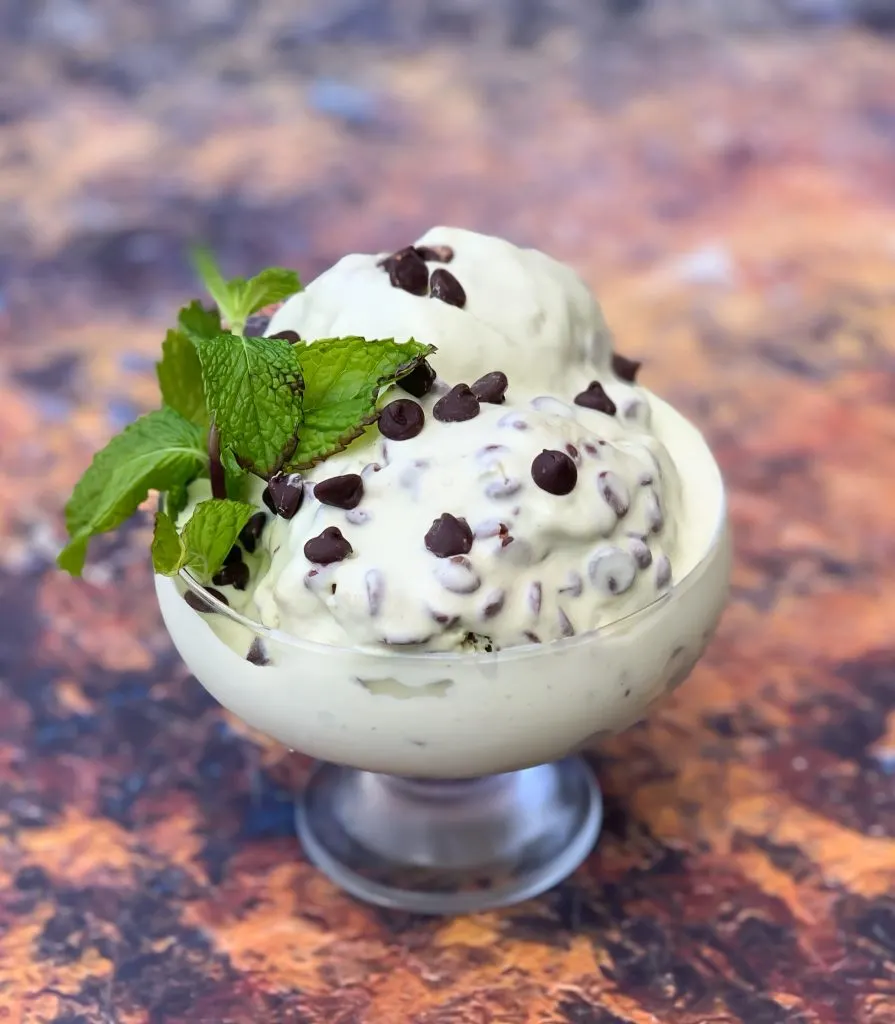 keto low carb mint chocolate ice cream in a glass bowl with chocolate chips