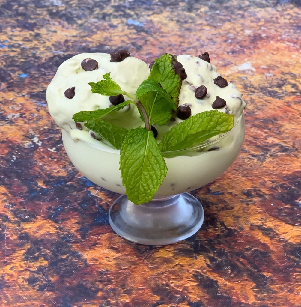 keto low carb mint chocolate ice cream in a glass bowl with chocolate chips