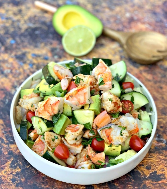 keto low carb shrimp avocado ceviche salad in a white bowl