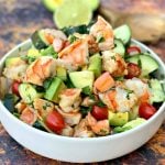 keto low carb shrimp avocado ceviche salad in a white bowl