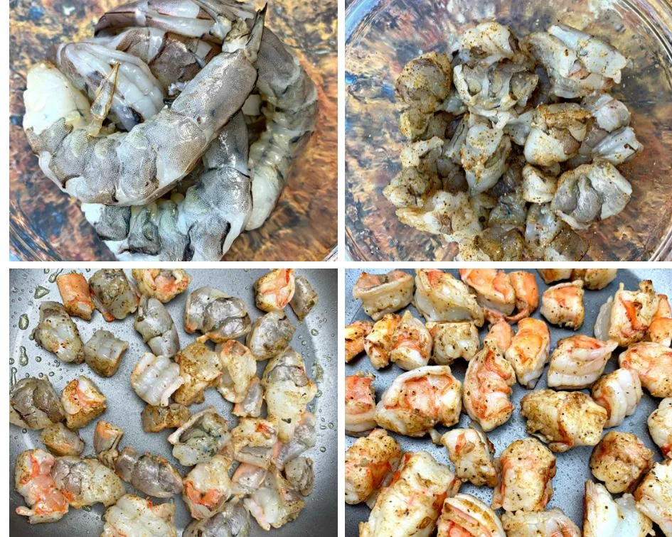 a collage of 4 photos of shrimp, raw shrimp and shrimp cooking in a skillet