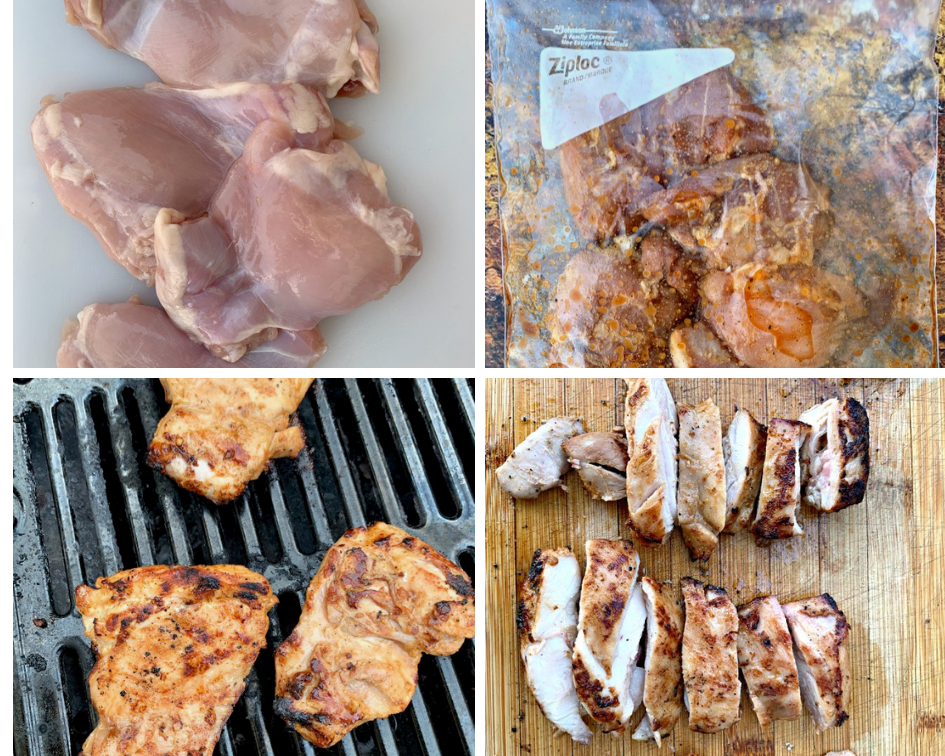 collage photo of raw chicken breasts on a cutting board, chicken in a sealable plastic bag, chicken thighs on a grill, cooked chicken thighs sliced on a cutting board