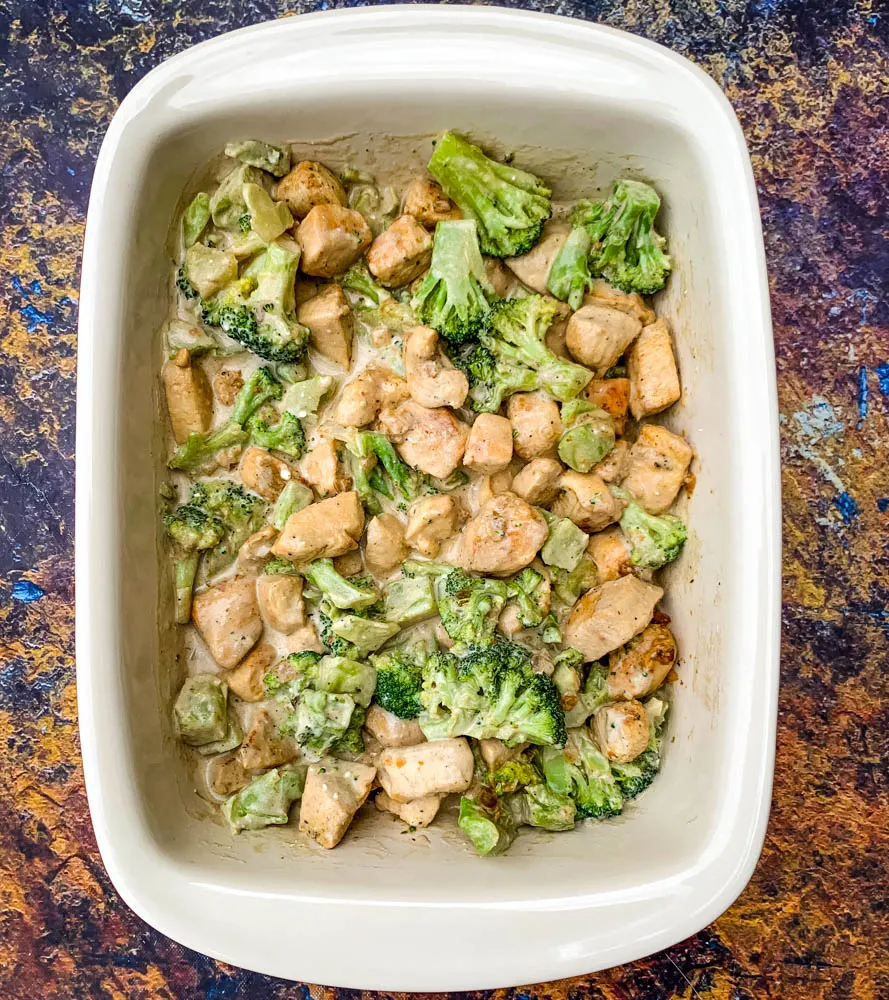 uncooked Keto Broccoli Cheese Casserole in a baking dish