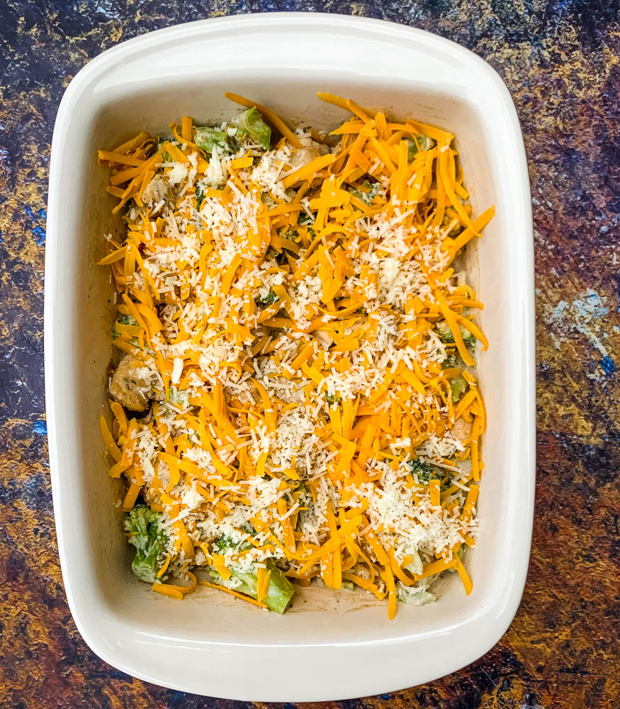 uncooked Keto Broccoli Cheese Casserole in a baking dish