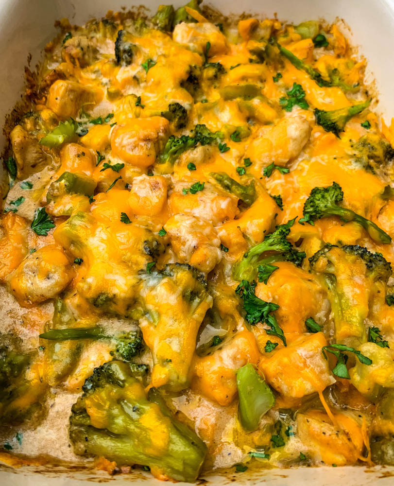 close up photo Keto Broccoli Cheese Casserole in a baking dish