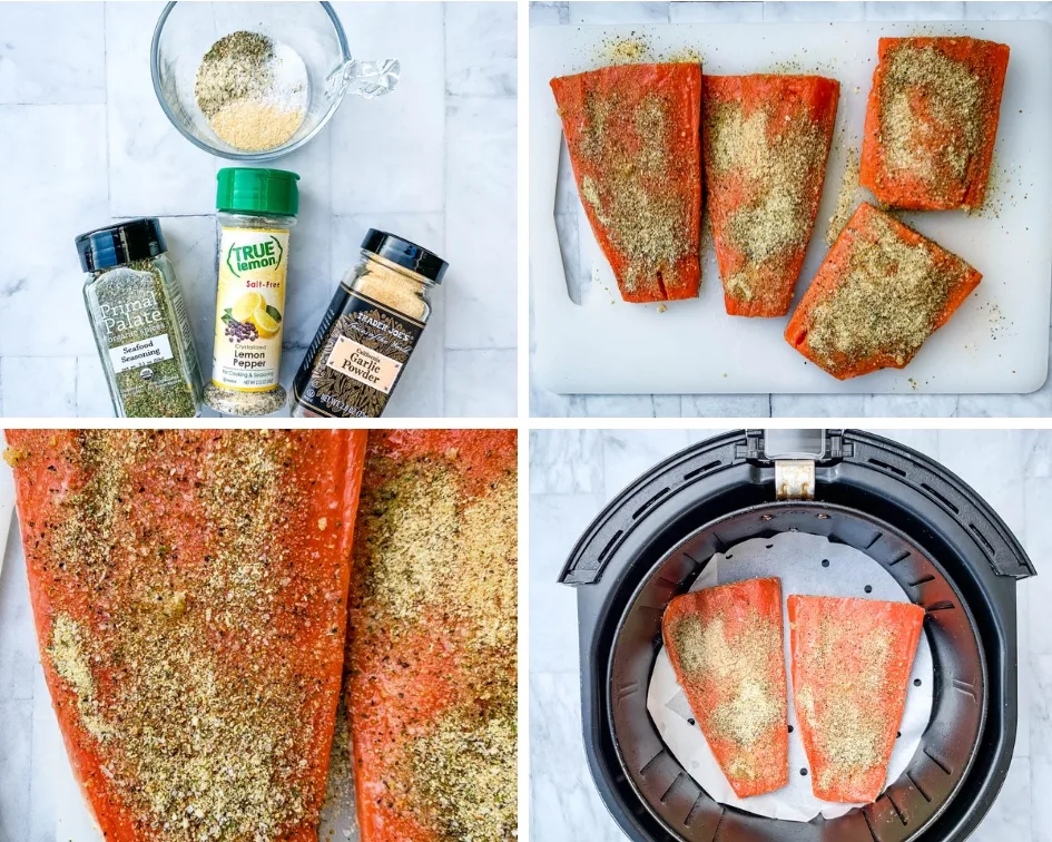 a collage photo of 4 different photos of lemon pepper seasoning, raw salmon seasoned, and raw salmon in an air fryer