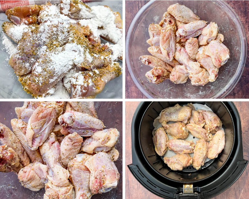 collage photos of raw chicken wings in a glass bowl with seasonings and baking powder