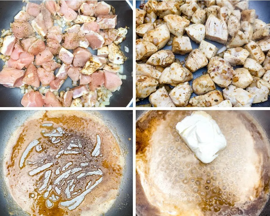 4 collage photo of raw chicken and cooked chicken and roux in a skillet