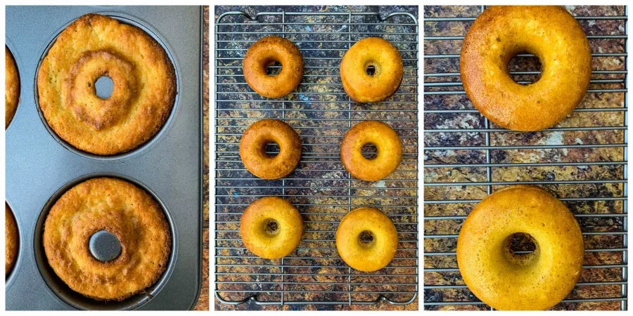 keto low carb donuts in a donut pan and on a cooling rack
