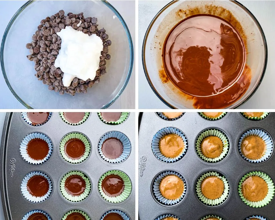 collage of 4 different photos, chocolate chips and coconut oil in a glass bowl, melted chocolate in a bowl, and peanut butter cups batter in muffin tins