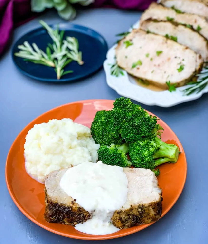 air fryer pork loin with cauliflower mash and broccoli