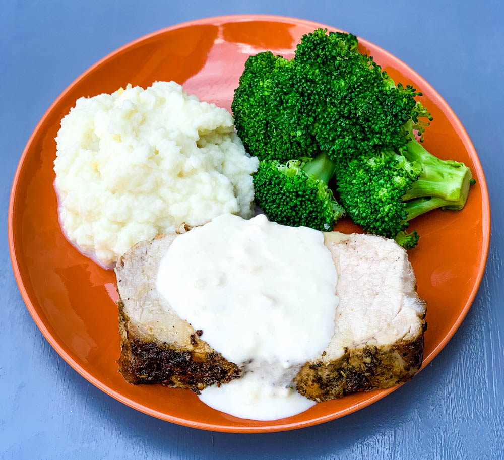 air fryer pork loin with cauliflower mash and broccoli