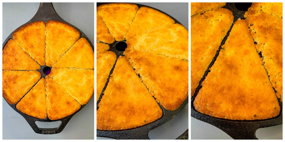 collage photo of cooked cornbread in a cast iron skillet