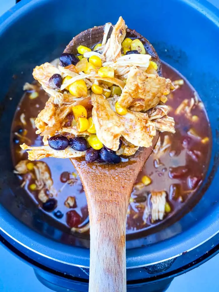 wooden spoon of Instant Pot Chicken Tortilla Soup