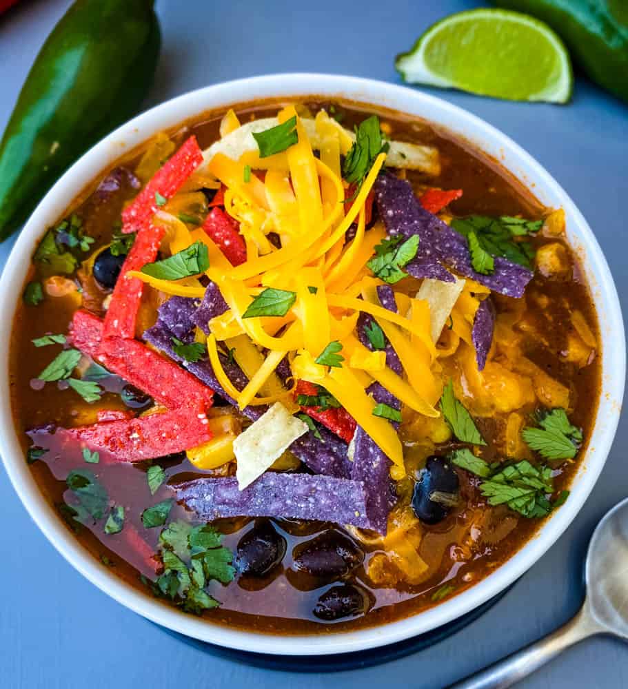 Instant Pot Chicken Tortilla Soup in a white bowl