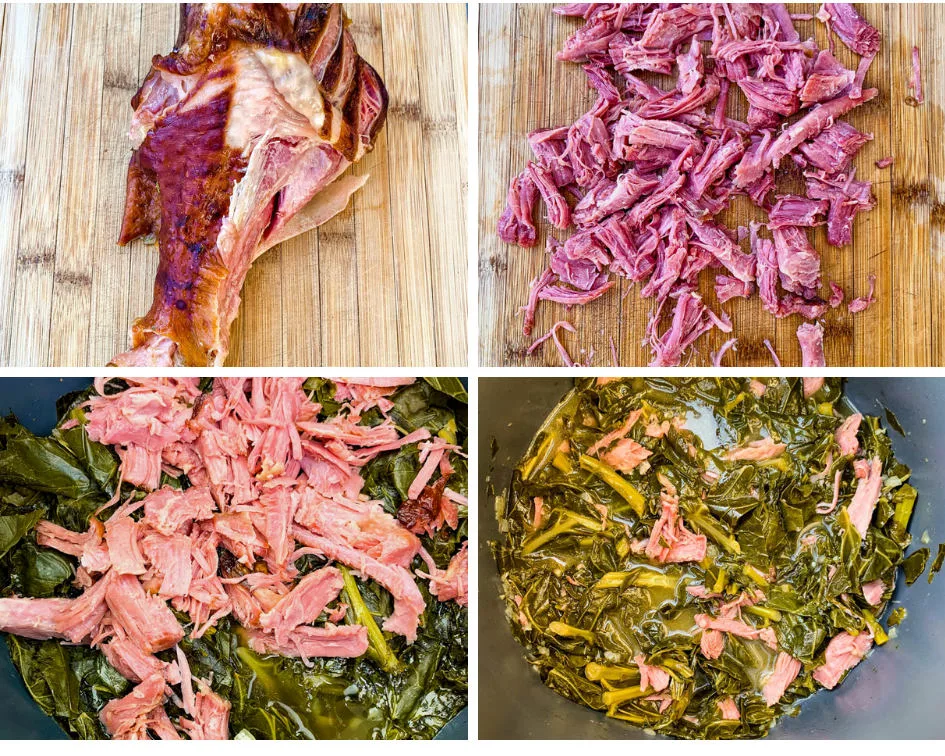 collage photo of a cooked smoked turkey leg, shredded smoked turkey on a cutting board, cooked collard greens and smoked turkey in an Instant Pot