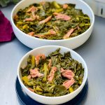 instant pot collard greens in white bowls with smoked turkey