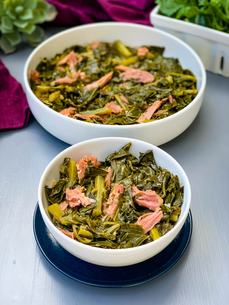 instant pot collard greens in white bowls with smoked turkey