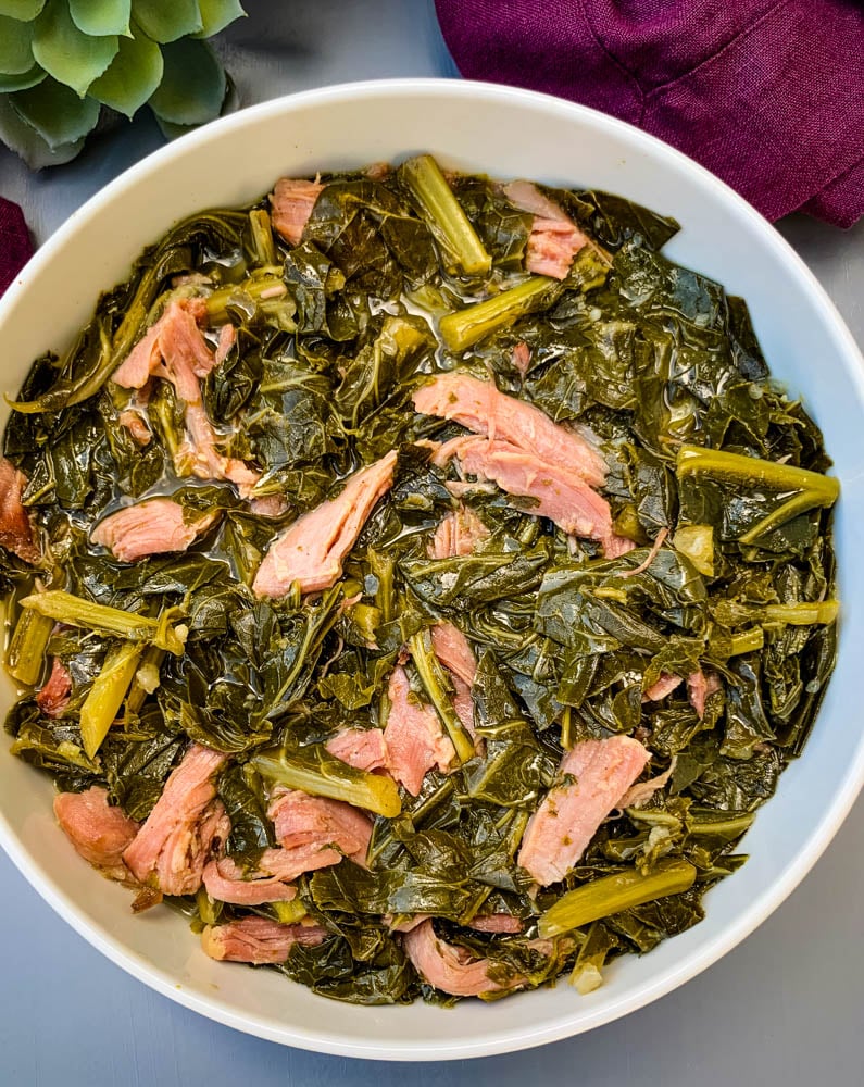 image of collard greens in a white bowl