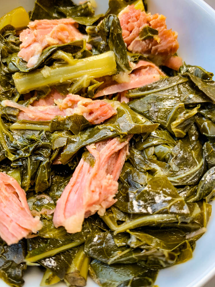 image of collard greens in a white bowl